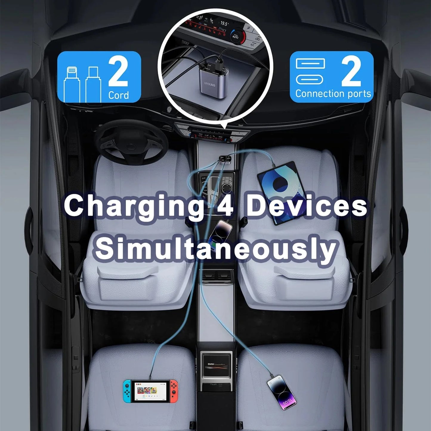 4 in 1 Retractable Car Charger With LED Lighting