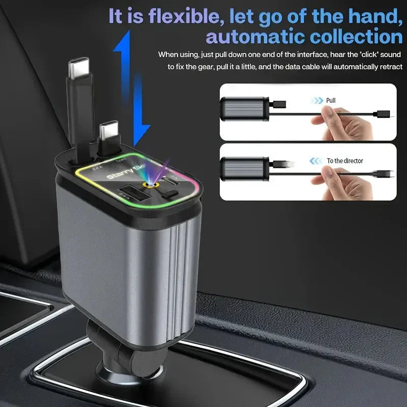 4 in 1 Retractable Car Charger With LED Lighting