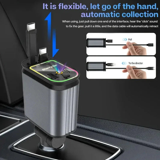 4 in 1 Retractable Car Charger With LED Lighting